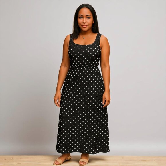 Polka Dot Print Black Maxi Dress - Picture 1 of 7